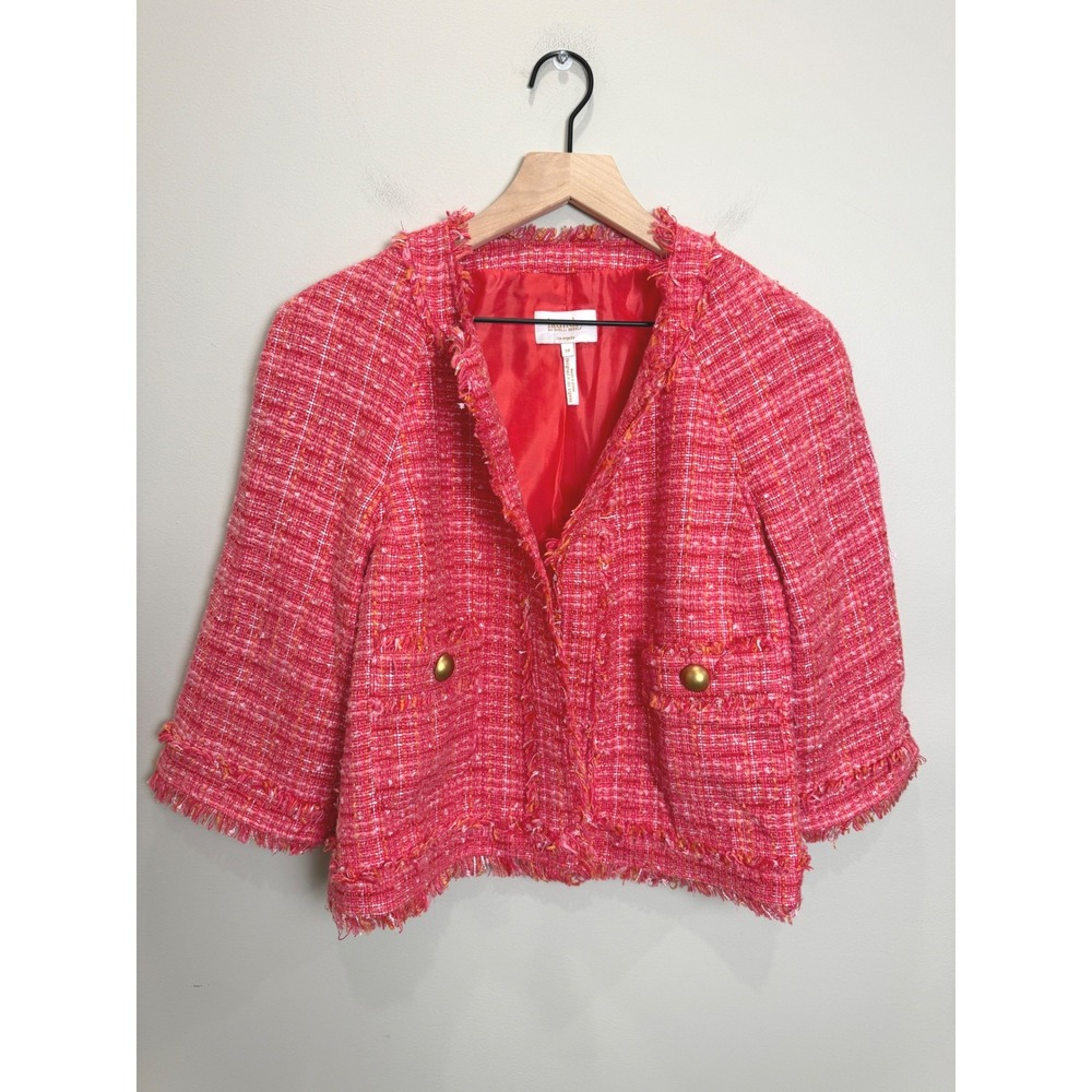 Laundry Shelli Segal Textured Tweed Gold Button Open Cropped Jacket Pink Boxy 10